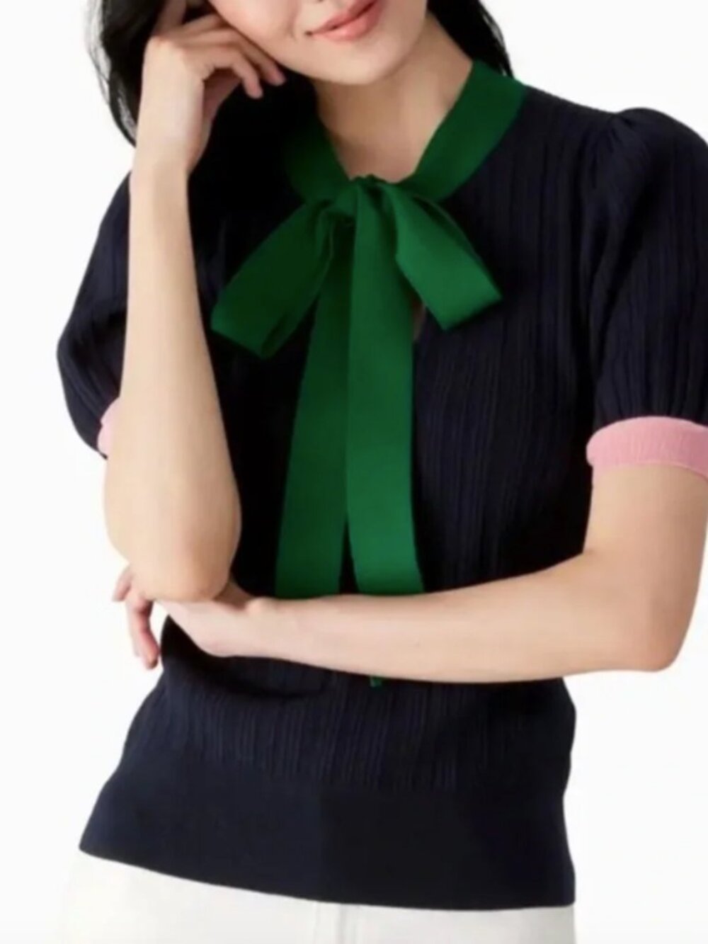 KATE SPADE Size S Navy Color Block Bow Neck Short Sleeve Sweater Knit Top